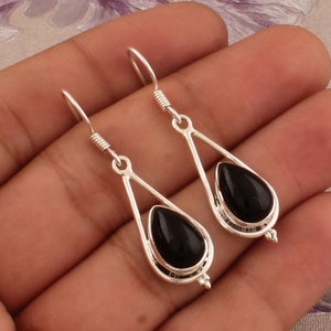 Brinco de ônix preto natural - Brinco de prata esterlina maciça 925 - Brinco de lágrima para mulheres - Brinco de ônix pera - Brincos de presente de aniversário