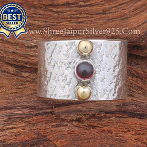 Textured Wide Band Red Garnet Sterling Silver Ring