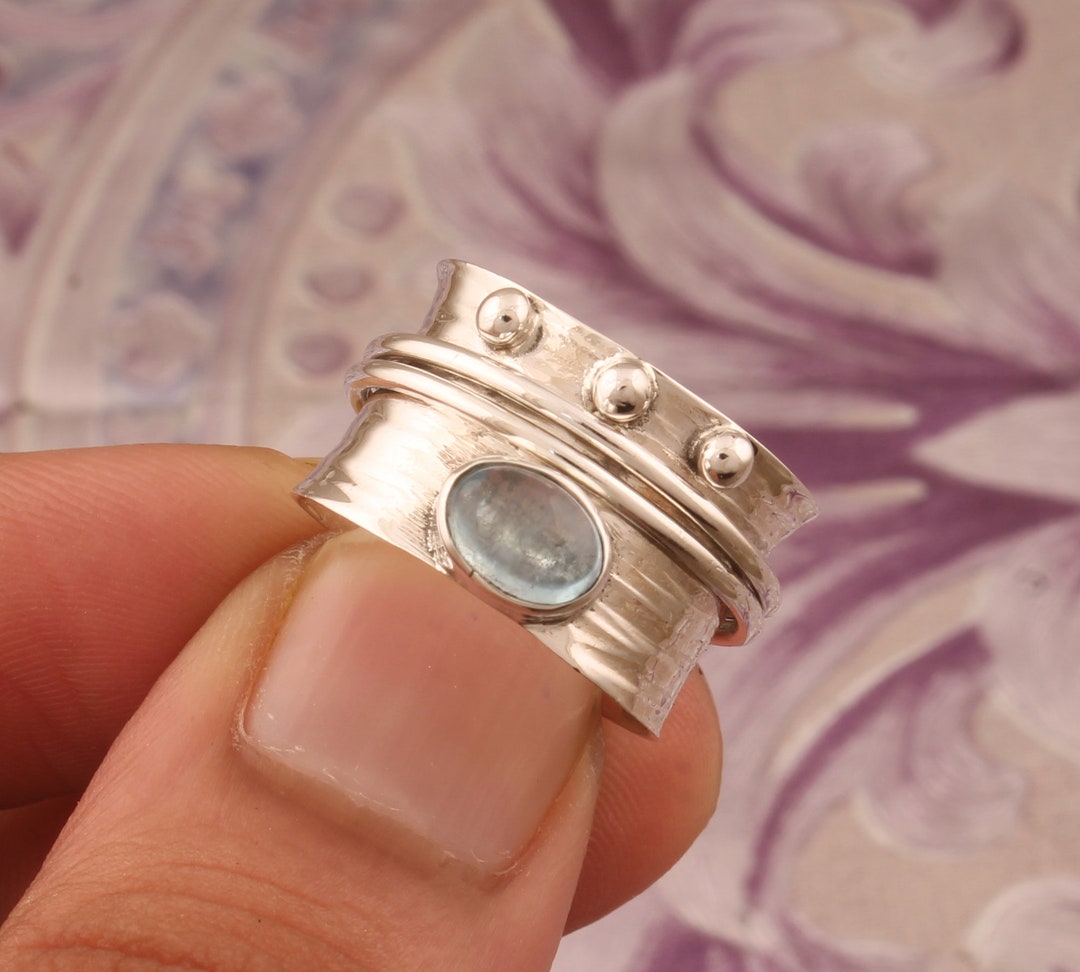 Aquamarine Solid 925 Sterling Silver Spinner Ring Handmade Hammered Band Ring Gifts