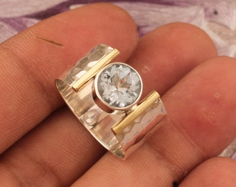 Blue Topaz Ring, 925 Sterling Silver Handmade Ring, Two Tone Ring Hammered Ring Wide Band Ring December Birthstone Anniversary Gift For Her.