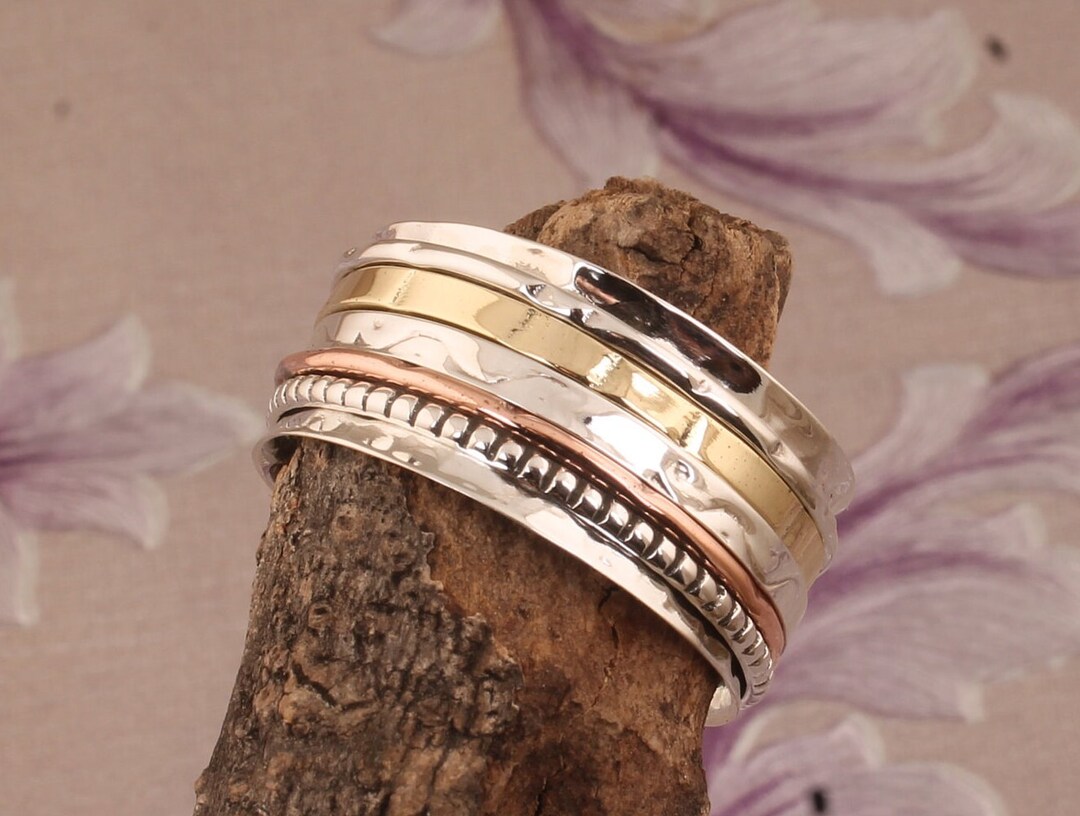Handmade Sterling Silver Spinner Ring: Hammered Brass & Copper