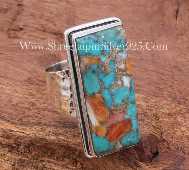 Oyster Copper Turquoise Solid 925 Sterling Silver Ring, Handmade Hammered Bar Band Ring Gifts For Her Birthday Mothers Day image 4