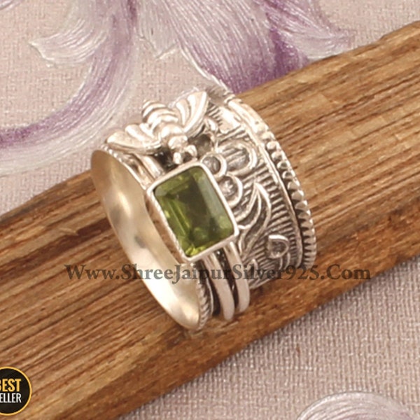 Anillo giratorio de plata de ley: Abeja de miel, cuarzo cristal, alivio de la ansiedad