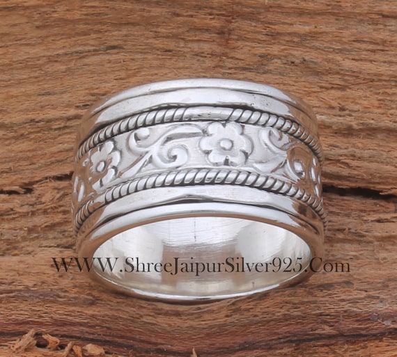 Sterling Silver Spinner Ring: Floral Band, Anxiety Relief, Big
