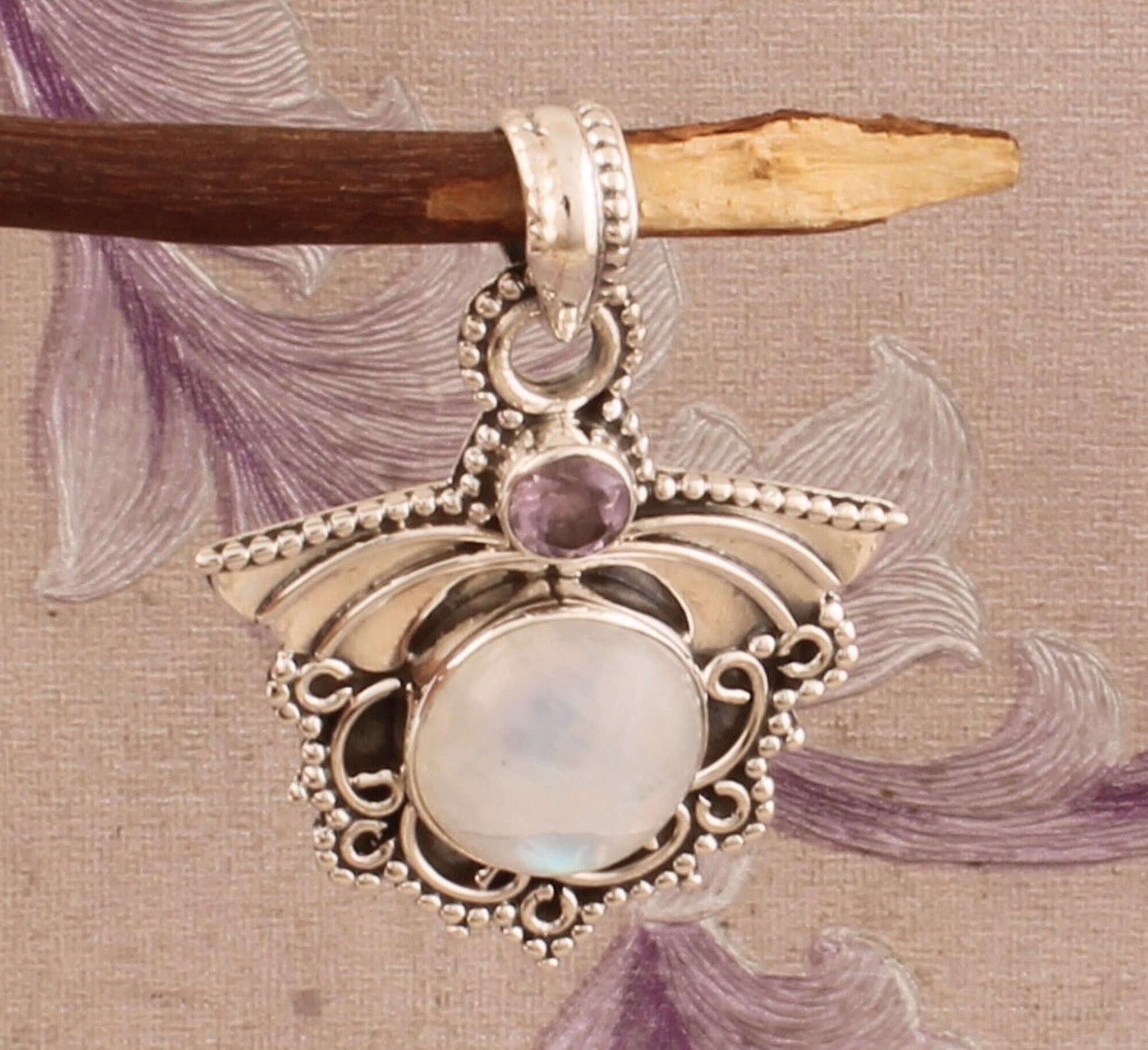 Bague En Argent 925 Avec Pierre De Lune Arc-en-ciel Et Améthyste - Fait Main, Neuf