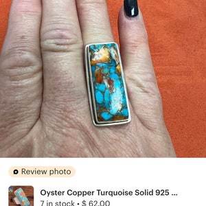 Oyster Copper Turquoise Solid 925 Sterling Silver Ring, Handmade Hammered Bar Band Ring Gifts For Her Birthday Mothers Day image 2