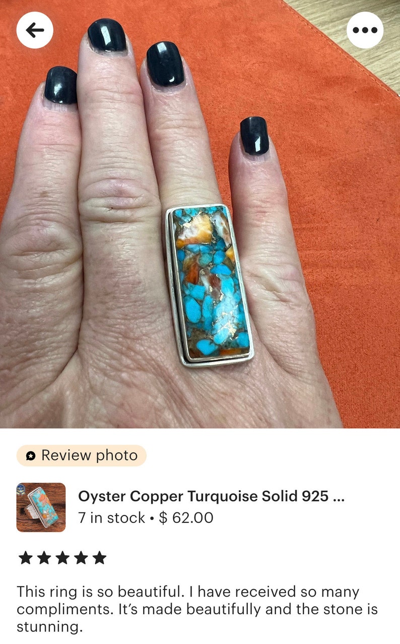 Oyster Copper Turquoise Solid 925 Sterling Silver Ring, Handmade Hammered Bar Band Ring Gifts For Her Birthday Mothers Day image 2