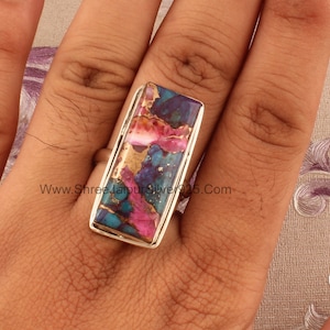 Oyster Copper Turquoise Solid 925 Sterling Silver Ring For Women, Handmade Rectangle Bar Stone Ring For Wedding Anniversary GiftBirthstone