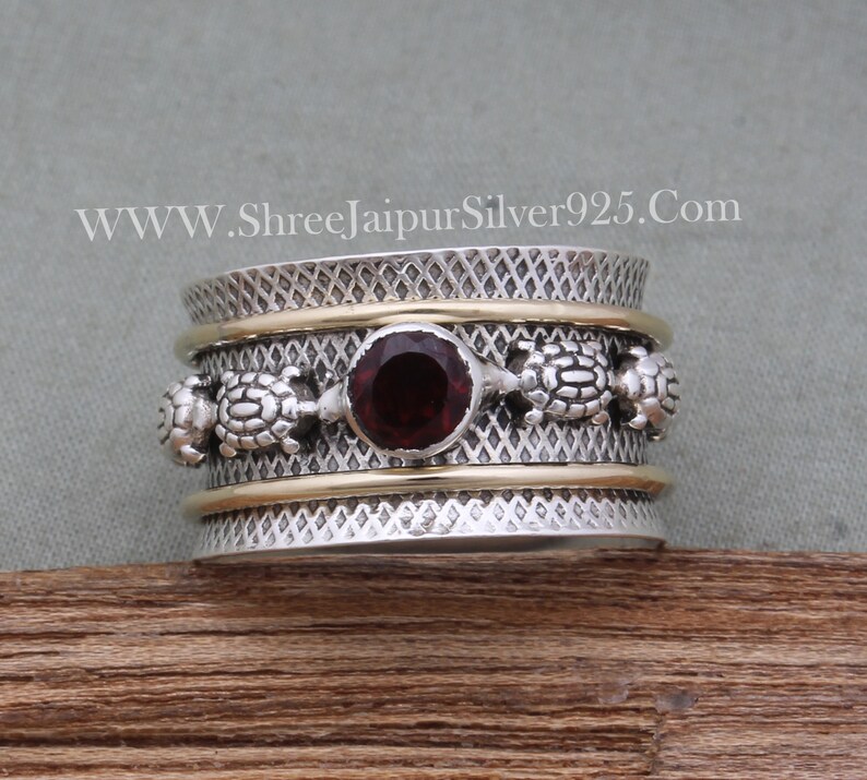 Turtle Spinner 925 Sterling Silver Natural Red Garnet Spinner Ring, Handmade Engraved Wide Band Fidget Anxiety Ring Gifts For Her Birthday image 8