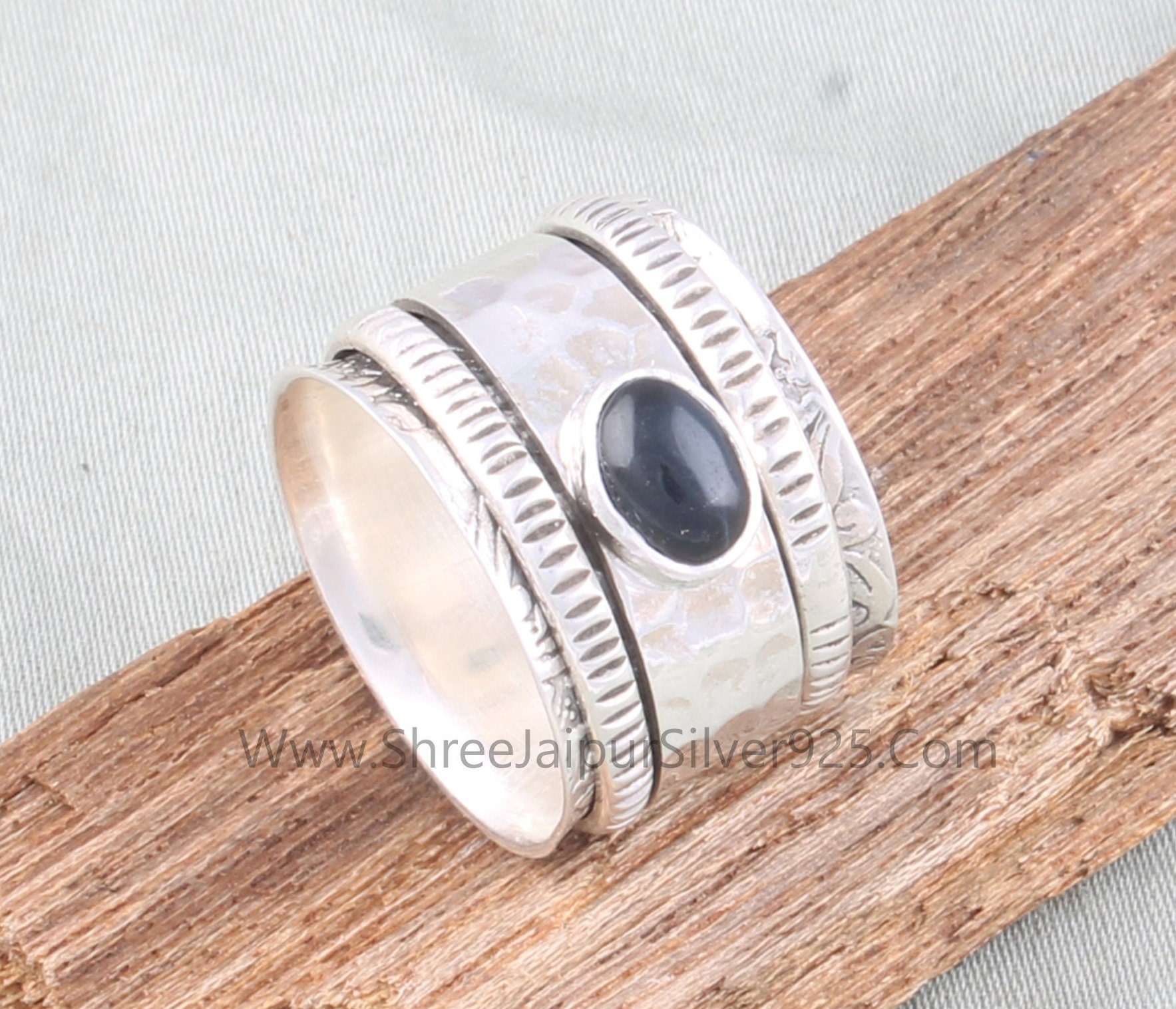 Black Onyx Engraved Band Solid 925 Sterling Silver Spinner