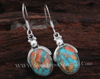 Oyster Koppar Turkos Örhängen i 925 Sterlingsilver, Boho Handgjorda