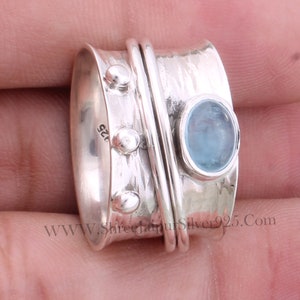 Hammered Aquamarine Gemstone Spinner Ring - Sterling Silver Thumb Ring