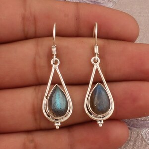 925 Sterling Silver Natural Labradorite Gemstone Earrings, Designer Handmade Pear Silver Earrings, Valentine's Day Earrings, Etsy Cyber 2024