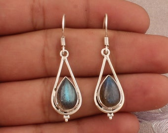 925 Sterling Silver Natural Labradorite Gemstone Earrings, Designer Handmade Pear Silver Earrings, Valentine's Day Earrings, Etsy Cyber 2024