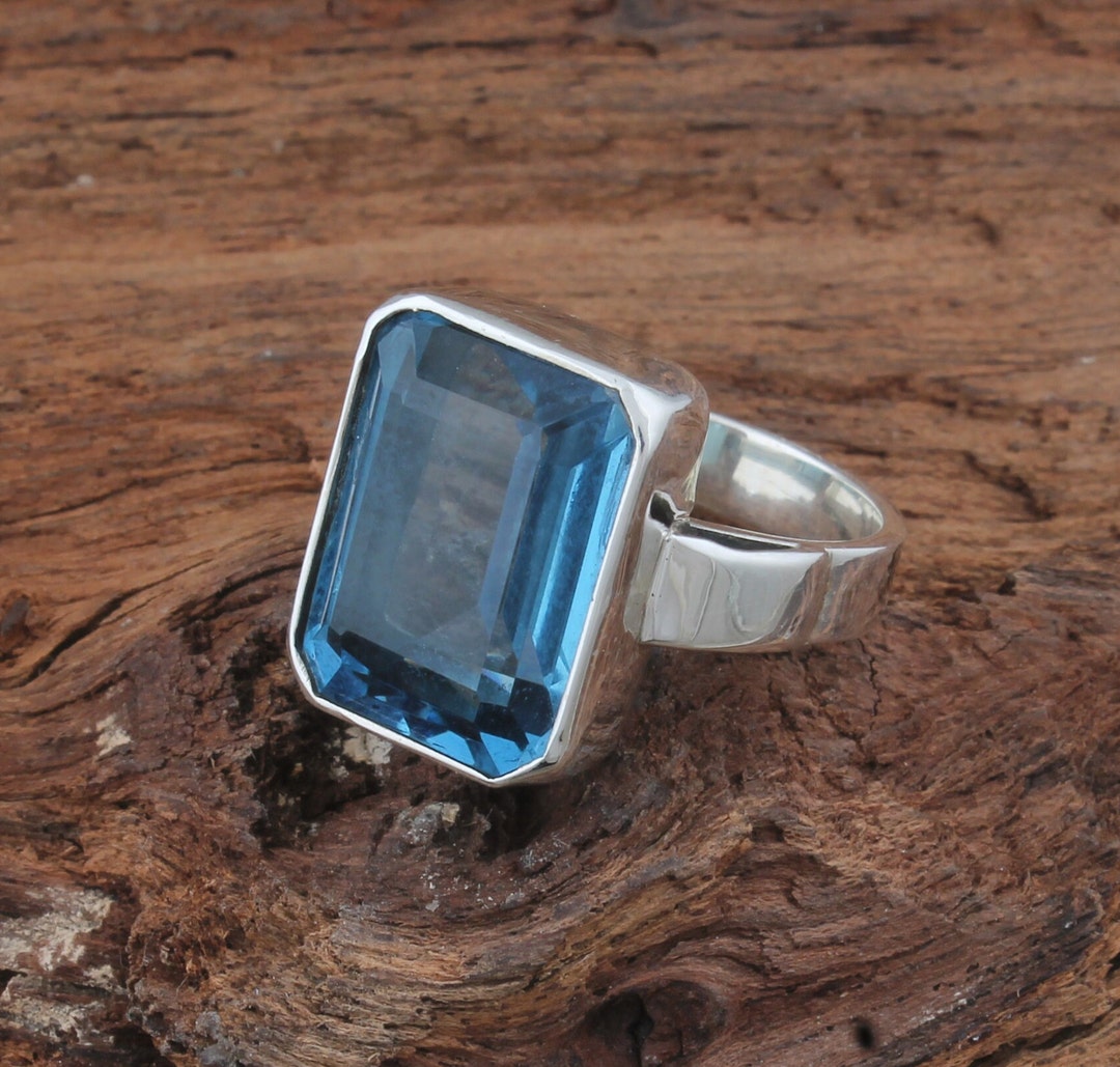 Handmade Emerald Cut Swiss Blue Topaz Quartz Ring, Sterling Silver - Etsy