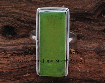 Parrot Green Jade Ring: Rectangle Sterling Silver Handmade Ring