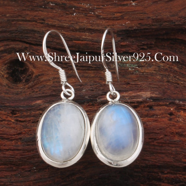 Boucles d'oreilles en argent massif 925 sterling, pierres de lune naturelles arc-en-ciel, belles pierres précieuses, cabochon, boucle d'oreille d'anniversaire, cadeau pour elle.