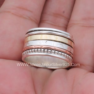 Sterling Silver Spinner Ring: Wide Band with Copper & Brass
