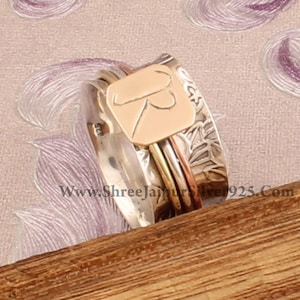 Anillo giratorio con letra personalizada, anillo con inicial en plata de ley 925 maciza, anillo con letra inicial, anillo con nombre personalizado, regalo personalizado para mujer