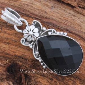 Black Onyx 925 Sterling Silver Pendant Necklace: Floral Jewelry