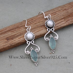 Sterlingzilveren Aqua Calci & Pearl Marquise-oorbellen