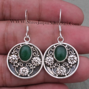 Green Jade Oval Gemstone Solid 925 Sterling Silver Earrings For Women, Handmade Designer Flower's Silver Earrings Birthday Gift For Women