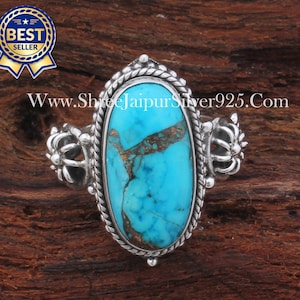 Blue Copper Turquoise Solid 925 Sterling Silver Ring For Women, Designer Handmade Women Oval Stone Ring For Wedding Anniversary Gift Idea
