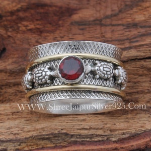 Turtle Spinner 925 Sterling Silver Natural Red Garnet Spinner Ring, Handmade Engraved Wide Band Fidget Anxiety Ring Gifts For Her Birthday image 9