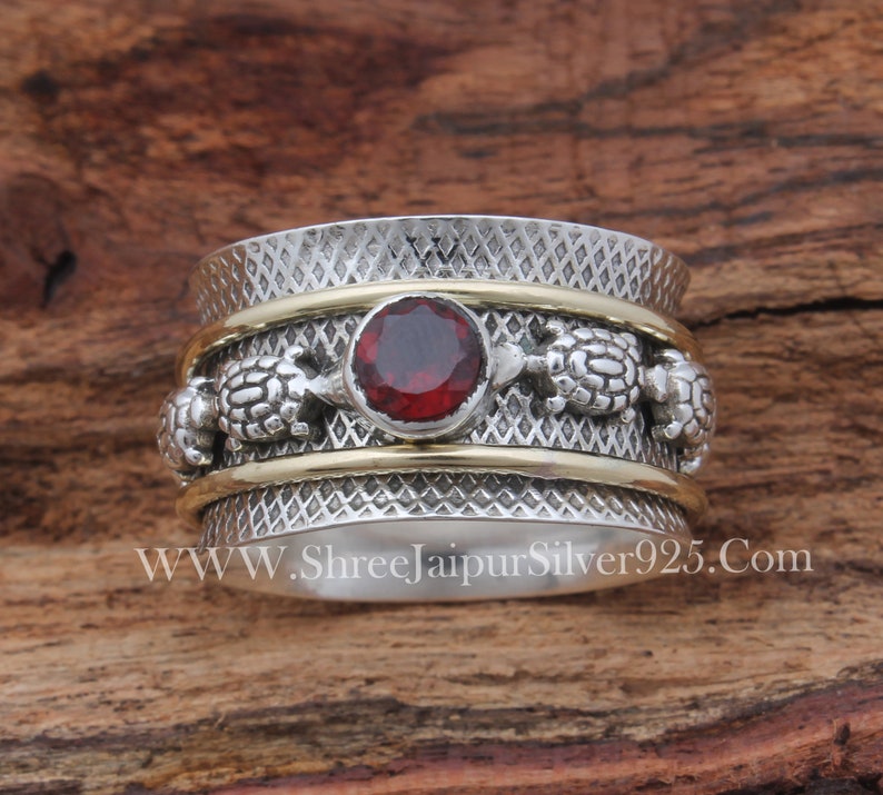 Turtle Spinner 925 Sterling Silver Natural Red Garnet Spinner Ring, Handmade Engraved Wide Band Fidget Anxiety Ring Gifts For Her Birthday image 9