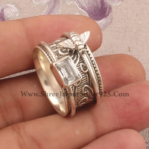 Natural Crystal Quartz Solid 925 Sterling Silver Spinner Ring For Women, Handmade Silver Honey Bee Crystal Ring For Wedding Anniversary Gift