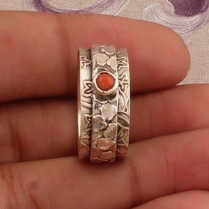 925 Sterling Silver Coral Red Spinner Ring, Handmade Carved Silver ...