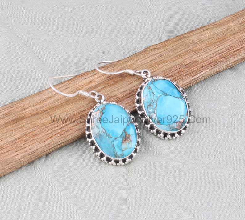 Blue TURQUOISE Oval Shaped Sterling Silver Gemstone Earrings  925