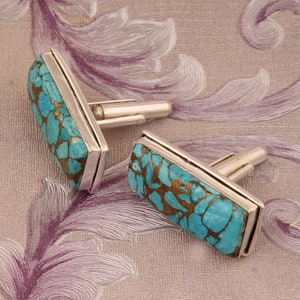 Men’s Blue Copper Turquoise Silver jewelry 925 Sterling Silver Cufflink,  Gemstone Cufflink Gift