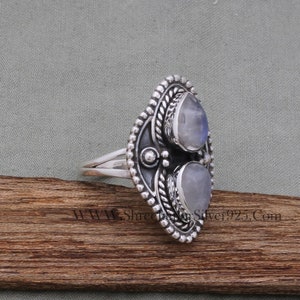 Natural Rainbow Moonstone AAAQuality Gemstone Ring,Two Pear Stone Ring,925-Antique Silver Ring,Middle Finger Ring, Silver Beautiful Ring image 6