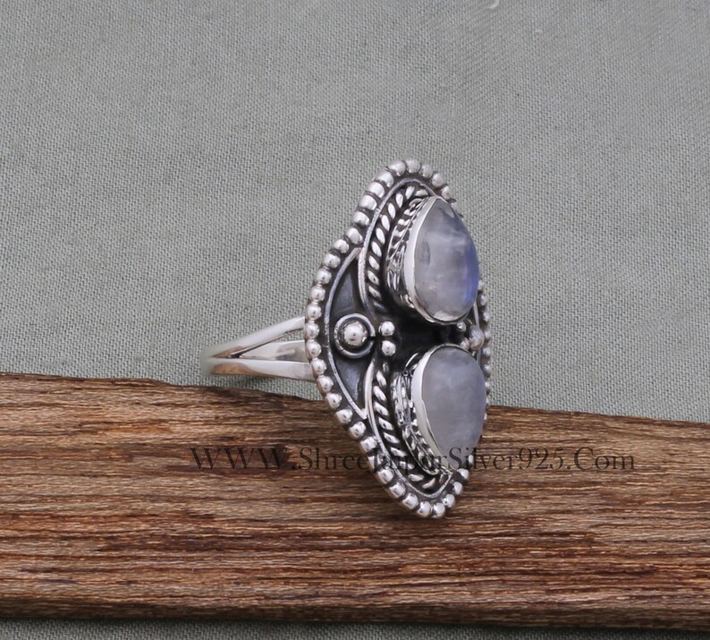 Natural Rainbow Moonstone AAAQuality Gemstone Ring,Two Pear Stone Ring,925-Antique Silver Ring,Middle Finger Ring, Silver Beautiful Ring image 6