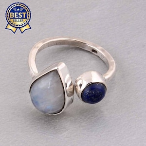 Rainbow Moonstone & Lapis Lazuli Sterling Silver Adjustable Ring