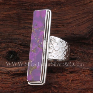 Textured Band Purple Copper Turquoise 925 Sterling Silver Ring For Women, Handmade Long Gemstone Rectangle Bar Ring Gifts For Her Birthday