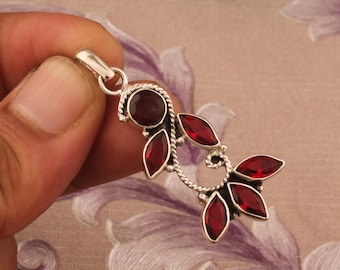 Handmade Red Garnet 925 Sterling Silver Pendant - Anniversary Gift