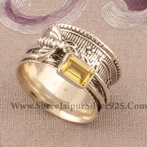 Anillo giratorio de plata de ley con citrino hecho a mano: diseño de abeja de miel