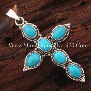 925 Sterling Silver Natural Sleeping Beauty Turquoise Cross Blue Oval Handmade Gemstone Pendant For Women December Birthstone Birthday Gifts