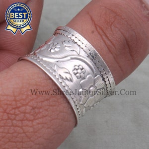 ETSY Boho Solid 925 Sterling Silver Engraved Flower Band Ring Handmade Silver