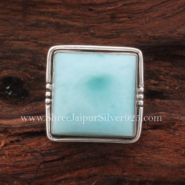 Natural Larimar Square Gemstone 925 Sterling Silver Ring For Women, Larimar Solid Silver Ring For Her, Handmade Gemstone Ring For Gift Idea