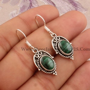 Malachite AAA+Quality Gemstone Earring,Oval Cabochon Stone Earring 925-Sterling Silver Earring,Antique Silver Earring Gift For HerBirthstone