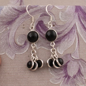 Natural Black Onyx Top Quality Gemstone Earring Cabochon Four Round Stone Earring 925-Sterling Silver Earring, Antique Silver Earring