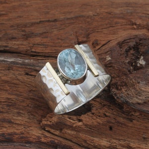 Blue Topaz Ring: Two-Tone Wide Band, 925 Sterling Silver