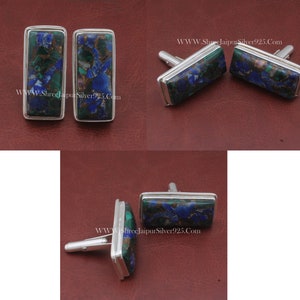 Lapis & Malachite Copper Gemstone Silver Cufflink, Mens jewelry 925 Sterling Silver Cufflink, Rectangle Gemstone Cufflink Handmade Cufflink