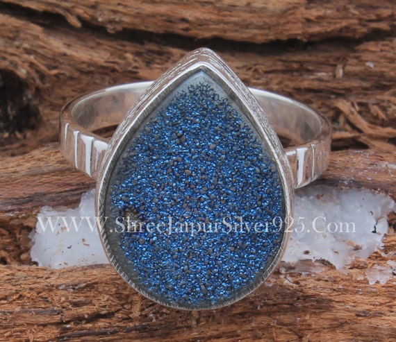 Sterling Silver Titanium Druzy Ring: Pear Shape Handmade Jewelry 