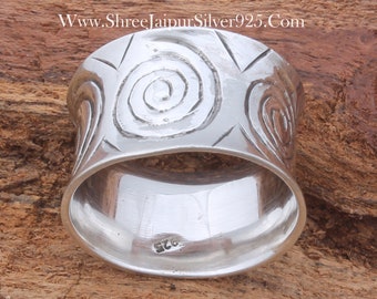 Boho Silver Artisan 925 Sterling Engraved Spiral Band Ring For Women, Handmade Silver Vine Thumb Band Ring For Wedding Anniversary Gifts