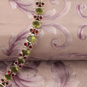 Sterling Silver Garnet and Peridot Gemstone Bracelet - Boho