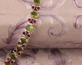Sterling Silver Garnet and Peridot Gemstone Bracelet - Boho
